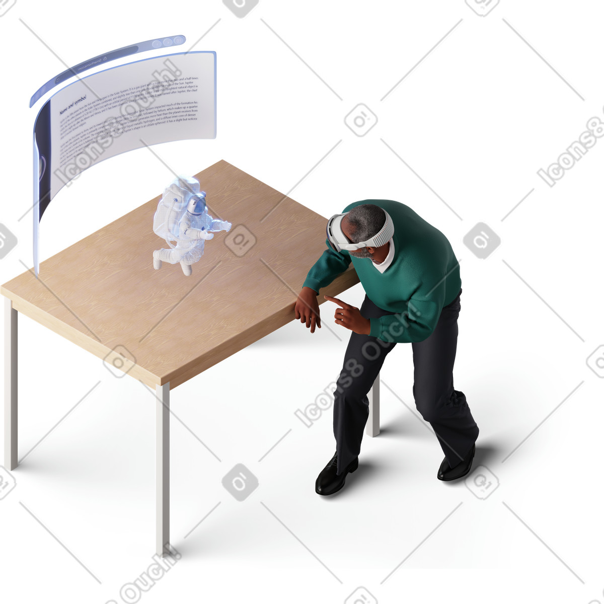 下载 3D Hygge 风格的 Isometric view of man in vr headset looking at astronaut 插画，支持 PNG、SVG 格式