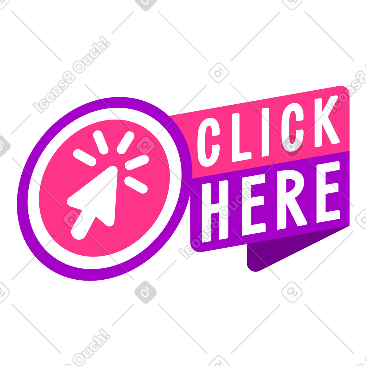 Ilustración Pegatina de letras haga clic aquí texto rosa púrpura en estilo Lettering a descargar en PNG y SVG
