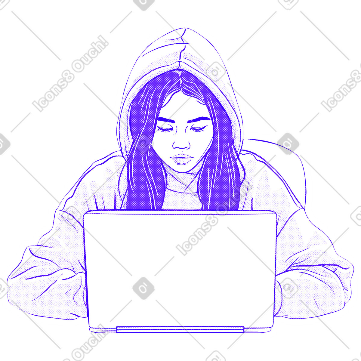 Young woman with laptop illustration in Halftone style download in PNG, SVG