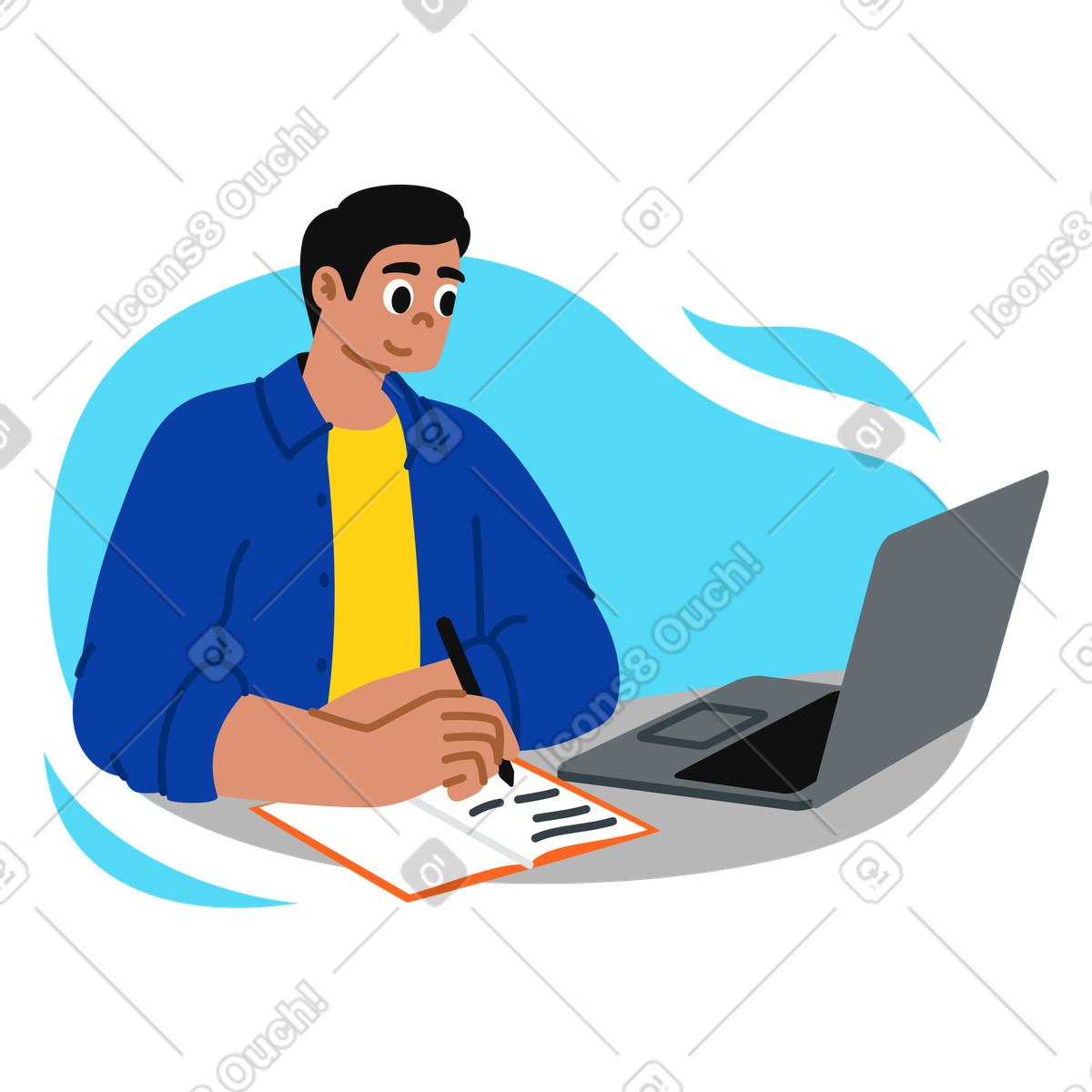 Virtual study session: young man studying remotely illustration in Active style download in PNG, SVG