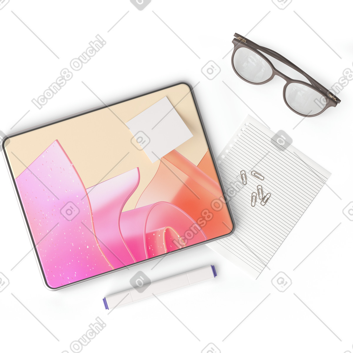 Ilustração de Vista superior do tablet, óculos, folha papel, marcador, post-it e alguns clipes papel em no estilo 3D Hygge para baixar em PNG, SVG