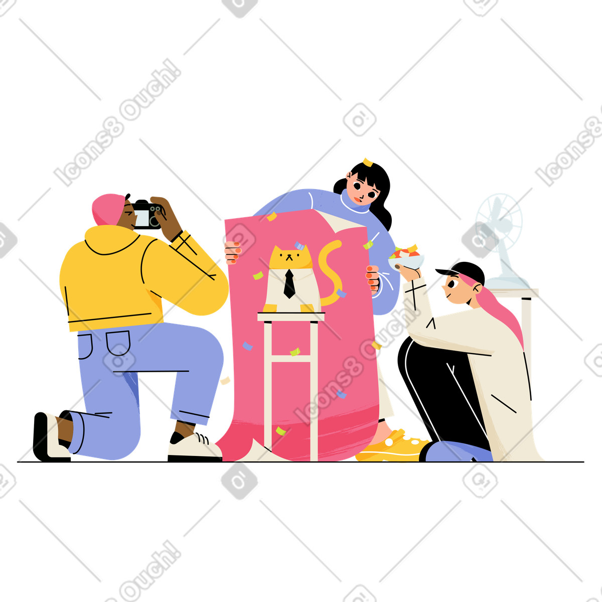 Juicy スタイルの Coworkers snapping cat pictures with decorations, Teamwork in creative project のイラストをPNG、SVG形式でダウンロード
