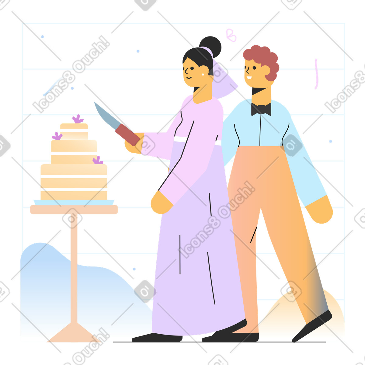 Man and woman near wedding cake illustration in Marginalia style download in PNG, SVG