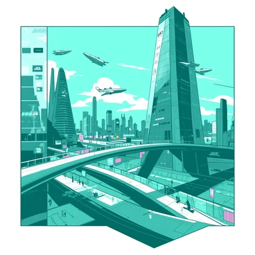 A teal futuristic skywalk connects two tall glass skyscrapers in a bustling metro city. The skywalk is sleek and curved, with transparent glass walls providing a view of the city below. Surrounding the skyscrapers, there are various flying vehicles zooming through the air. Below, the streets are filled with people and neon lights reflecting off the buildings. The skyline features a mix of modern architecture and digital billboards, creating a vibrant urban atmosphere.