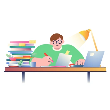 An editor with light skin and short brown hair is seated at a cluttered wooden desk. The desk is filled with a large stack of manuscripts in various colors and sizes, some with sticky notes sticking out. The editor is wearing glasses and is focused on reading one of the manuscripts, holding a red pen in hand. There are scattered coffee mugs, a small potted plant, and a laptop open next to the stack of papers. A warm desk lamp casts a soft glow over the workspace, highlighting the organized chaos of the editor's environment.