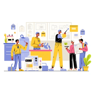 A group of operators working on various tasks in a brightly colored workshop. Each operator is interacting with small, cartoon-style robots that are assisting them. One operator is using a wrench while a robot with a friendly face is handing them a tool. Another operator is at a workbench, and a robot is helping by organizing tools into neat piles. A third operator is analyzing a blueprint, while a robot is pointing out important details on the plan with a tiny laser pointer. The scene is lively, filled with various tools and equipment scattered around, showcasing teamwork between humans and robots.