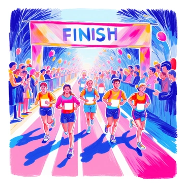 A group of runners in a marathon is depicted crossing the finish line. Each runner is wearing vibrant rainbow outfits that showcase a variety of colors. The finish line is marked with a large banner that reads "FINISH" in bold letters. Spectators are cheering on the sidelines, and there are colorful balloons in the background. The runners are showing expressions of determination and joy as they complete the race.