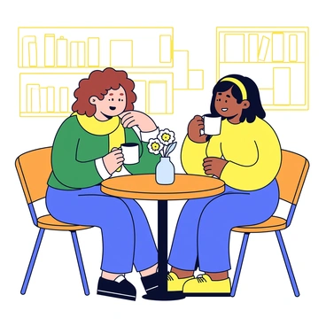 Two friends are sitting at a small, round wooden café table. One friend has curly brown hair and is wearing a green sweater, while the other has straight black hair and is wearing a yellow scarf. They are both holding white coffee mugs and leaning towards each other, sharing a laugh. A small vase with a single flower is placed in the center of the table. The café has warm lighting, with shelves of books in the background.