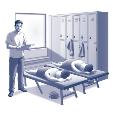 A coach stands in a locker room, observing the sports massage of multiple players. The coach has an attentive expression, with arms crossed and a clipboard in hand, taking notes. The players are lying on massage tables, each receiving treatment from a therapist. One player is face down, while another is lying on their back, both displaying various athletic gear. The locker room features rows of lockers in the background, along with benches and sports equipment scattered around. Sunlight filters through a frosted window, casting soft shadows on the scene.