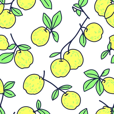 A textile fabric featuring a repeating pattern of citrons and leaves. The fabric is adorned with several large, yellow citrons, each one displaying a textured skin with visible dimples. Surrounding the citrons are vibrant green leaves, each leaf detailed with prominent veins. The arrangement of the citrons and leaves is balanced, creating a sense of rhythm across the surface of the fabric. The background remains neutral, allowing the citrons and leaves to stand out prominently.