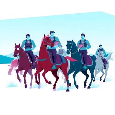 Members of the Scout Regiment mounted on horses, charging across an expansive open plain. Each rider is clad in tactical gear, with uniforms featuring intricate insignia. The horses are powerful and muscular, with varying colors including chestnut, black, and gray, their manes flowing in the wind. Dust is kicked up beneath their hooves as they gallop, creating a dynamic sense of movement. In the background, the horizon stretches far, with hints of distant mountains under a clear blue sky. Some riders are holding maps or binoculars, surveying the landscape ahead.