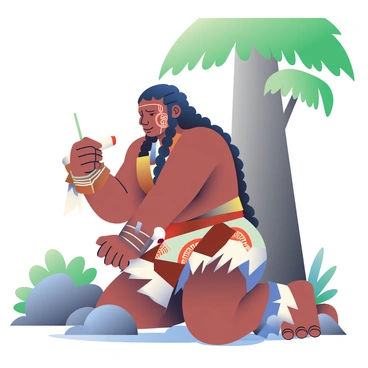 An ancient warrior with dark skin and long braided hair is kneeling on a rocky surface in a forested area. The warrior is using a small bone tool to paint intricate red symbols on their face with a dark red liquid that resembles blood. Their body is adorned with a variety of animal furs and leather armor, showcasing their muscular build. In the background, there are tall trees with thick trunks and lush green leaves, creating a sense of depth in the scene. The warrior's expression is fierce and determined, reflecting a deep connection to their traditions and culture.