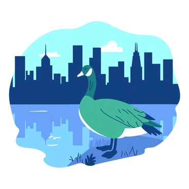 A teal Canada goose is standing at the edge of a body of water, with its reflection visible on the surface. In the background, a city skyline is silhouetted against the early morning light, which casts a soft glow around the buildings. The sky is transitioning from dark blue to a lighter shade, hinting at the dawn. The goose is curiously looking towards the skyline, with a few scattered pieces of grass around its feet. The scene captures the contrast between nature and urban life as the day begins.
