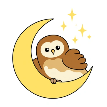 A small baby owl with fluffy feathers in shades of brown and white is nestled comfortably on a bright yellow crescent moon. The moon has a smooth surface and a slight glow, illuminating the surrounding area. The owl's big, round eyes are wide and curious, and its small beak is slightly open, as if it is about to hoot. Tiny stars twinkle in the night sky around the moon, adding to the whimsical atmosphere. The owl has its wings slightly spread, giving it a playful appearance as it enjoys its perch.