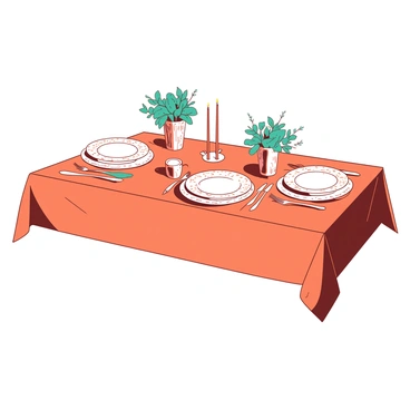 An orange dining table is elegantly set for a special occasion, featuring beautifully arranged plates in the center. Each plate is adorned with intricate designs, and there are delicate silver forks and knives neatly placed beside them. Surrounding the plates, there are small teal floral arrangements in elegant vases, adding a touch of color. The table has a soft tablecloth that enhances the overall presentation, and a few candles are placed in the middle, casting a warm glow on the setting.
