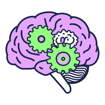 An illustration of a human brain with visible gears and cogs inside