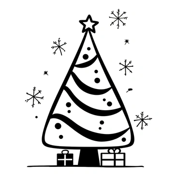 A Christmas tree with a conical shape, adorned with various ornaments and a star on top, surrounded by animated snowflakes falling gently around it. The snowflakes vary in size and pattern, creating a whimsical atmosphere. The tree stands on a flat surface, with a few presents wrapped in ribbons placed around its base.