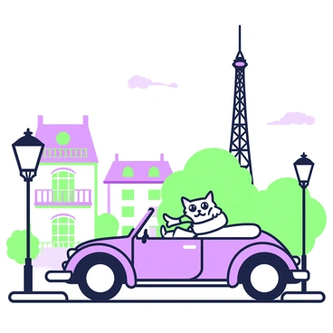 A vintage travel poster showcases a cat in a convertible driving through Paris. The cat, with a fluffy coat and bright eyes, is wearing a small scarf that flutters in the wind. The convertible is sleek with a rounded shape, and the top is down. In the background, the iconic Eiffel Tower rises against the skyline, surrounded by classic Parisian buildings with ornate balconies. Street lamps line the road, and a few clouds lazily drift in the sky above. The atmosphere captures the charm of a leisurely drive through the city.