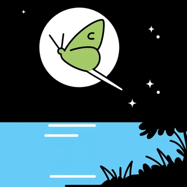 A "luna moth" with vibrant green wings is gliding gracefully over a "tranquil lake." The surface of the lake reflects the "moonlight," creating a shimmering effect that enhances the serene atmosphere. The moth's wings are adorned with subtle patterns, and its long tails trail behind it as it moves effortlessly through the night sky. The surrounding environment is dark, with hints of trees and foliage on the shoreline, adding depth to the scene.