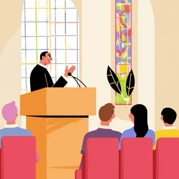 A pastor standing behind a wooden pulpit, speaking passionately to the congregation. The pastor is dressed in a black robe with a white collar. In the background, there is a large stained glass window depicting colorful biblical scenes with vibrant reds, blues, and greens. The interior of the church is illuminated by sunlight filtering through the stained glass, casting colorful patterns on the wooden floor. The congregation is seated in pews, attentively listening to the sermon.