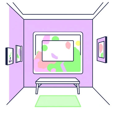 A gallery room features a painting on the wall, which is partially obscured by a large rectangular "censored" sticker placed across the middle. The painting itself showcases abstract shapes and vibrant patterns just beyond the sticker's coverage. A polished wooden floor reflects the light filtering in from a nearby window, and a subtle color tone fills the room. On the adjacent wall, there are two additional artworks hanging, providing a contrasting visual element to the scene. A small wooden bench is positioned in front of the main painting, inviting viewers to sit and contemplate the art.