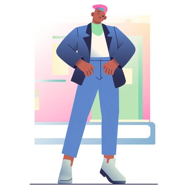 A fashionable individual with medium skin is standing confidently, wearing a trendy androgynous outfit. They have short, styled hair dyed in a vibrant color, complementing their look. The outfit consists of a tailored, oversized blazer in a deep shade, paired with a fitted, contrasting turtleneck underneath. They are also wearing sleek, tapered trousers that fall just above ankle length, showcasing stylish ankle boots. The individual has their hands placed on their hips, exuding confidence, and is surrounded by a minimalist urban backdrop featuring soft pastel-colored walls.