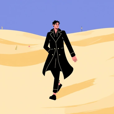 Lucifer is depicted walking alone through a vast, arid desert. The sand dunes are high and rolling, with a fine texture that reflects the bright sunlight. The sky is a deep azure, with no clouds in sight, enhancing the feeling of isolation. Lucifer has a confident posture, wearing a long black coat that billows slightly in the hot breeze. His expression is thoughtful, and his dark hair is tousled. In the distance, there are a few sparse, dry cacti and rocks scattered throughout the landscape, which adds to the desolate atmosphere. Sunlight creates sharp shadows in the sand, emphasizing the heat of the day.