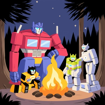 Optimus Prime, a large red and blue robot with a prominent truck-like design, is sitting near a crackling campfire. His face displays a thoughtful expression. Around him are several Autobot friends, including Bumblebee, a compact yellow and black robot, and Ratchet, a white and green robot with medical tools. They are gathered together, their metallic bodies illuminated by the warm glow of the fire. Each Autobot has a distinct appearance, showcasing their unique features. In the background, tall trees create a forest setting under a starry night sky. The campfire casts dancing shadows, enhancing the camaraderie among the Autobots as they share stories.