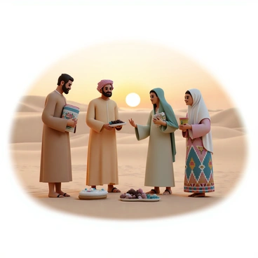 A group of nomads, consisting of three men and two women, are gathered in a sandy desert. The men are wearing traditional robes in earth tones, while the women are dressed in colorful, patterned garments. One man is holding a bundle of textiles, displaying intricate designs, while another man is offering a plate of dates. The women are engaged in conversation, one of them smiling as she gestures towards the textiles. The sun is setting in the background, casting warm golden hues over the scene, with sand dunes gently rolling in the distance. The atmosphere is lively and communal, reflecting the exchange of goods and stories.