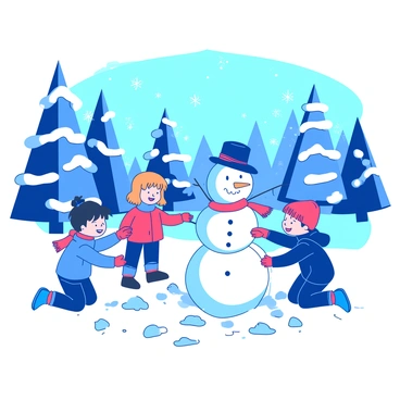 A blue winter wonderland is filled with snow-covered trees that have fluffy white snow clinging to their branches. In the foreground, a group of children is building snowmen, using large snowballs to form the bodies. One child is placing a carrot for the snowman's nose, while another ties a red scarf around its neck. The scene captures the joy of winter as the children laugh and play among the soft, glistening snow.