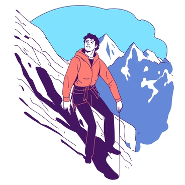 A rugged mountain climber is positioned on a narrow ledge, their body slightly turned as they look upward with a determined expression. The climber is wearing a bright orange jacket and black climbing pants, with a harness secured around their waist. In one hand, they grip a climbing rope, while the other hand rests on the rocky surface of the ledge for support. The backdrop features steep rock faces and distant mountain peaks under a clear blue sky, emphasizing the height of their ascent and the challenge ahead. Sunlight casts shadows on the rocky terrain, highlighting the texture of the rocks and the climber's gear.