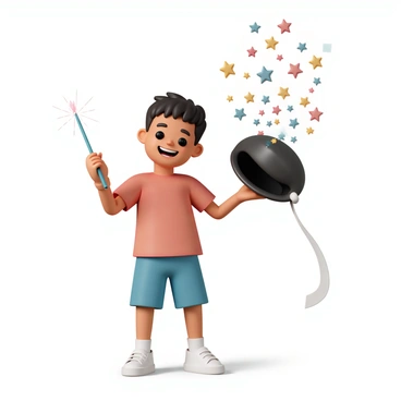 A cartoon boy, wearing a red shirt with blue shorts and white sneakers, stands confidently while performing a magic trick. He holds a classic black magician's hat in one hand and a sparkling magic wand in the other. The boy has a wide grin on his face, showcasing excitement. A flurry of colorful stars and sparkles emerges from the hat, hovering in the air. The background features a simple stage with curtains, enhancing the magical atmosphere.