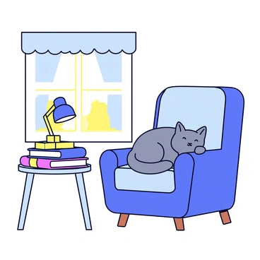 A cozy reading nook with a comfortable armchair upholstered in soft fabric. Next to the chair is a small round table holding a stack of colorful books with varying sizes. A sleepy cat with gray fur is curled up on the armchair, nestled into the cushions. A warm light from a nearby lamp creates a gentle glow over the scene. The nook features a window with sheer curtains, allowing soft sunlight to filter through, enhancing the inviting atmosphere.