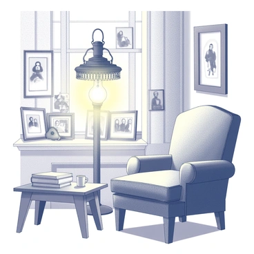 A vintage lamp with an ornate design holds a light bulb that is dimming, creating a soft, warm glow. The light subtly illuminates the surrounding room, revealing various framed photographs and trinkets that reflect a collection of memories. The walls are adorned with wallpaper that shows signs of age, and a cozy armchair sits nearby, inviting one to sit and reminisce. A small wooden table beside the chair holds a stack of books and a delicate porcelain mug.