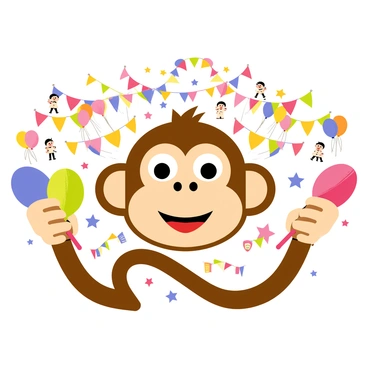 A monkey face with large expressive eyes and a broad smile shakes colorful maracas in its hands. The monkey has fluffy brown fur and playful ears. Around the monkey, a lively carnival scene features bright balloons, festive banners, and other cheerful characters celebrating. The background is filled with various colorful decorations, creating a joyful atmosphere at the carnival.