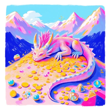 An ancient dragon with iridescent scales lies slumbering atop a vast mountain of gold coins and treasures. The dragon has large, curved horns protruding from its head and long, sharp claws that are partially buried in the gold. Its wings are folded against its body, showcasing intricate patterns on the underside. Around the base of the mountain, scattered gems and ornate artifacts glimmer in the soft light. The scene is set against a backdrop of rugged mountains and a clear blue sky, emphasizing the dragon's majestic presence.