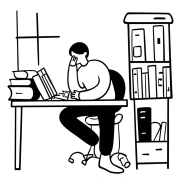 A student with short hair sitting at a wooden table in a quiet library, with their hands covering their face. Open books are scattered around the table, with some pages turned down and notes visible. Stacks of books are placed nearby, and a soft light filters through a window, casting shadows on the floor.