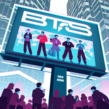 A giant billboard in a bustling urban setting displays "BTS" prominently at the top with large, bold letters. Below, there is a vibrant graphic showcasing the band members in dynamic poses, each member wearing trendy, futuristic outfits. The background features abstract shapes and colors that blend into a visually striking design. Surrounding the billboard, various skyscrapers with reflective glass surfaces and crowds of people can be seen, all engaged with their smartphones while looking up at the advertisement. The scene is illuminated by city lights, enhancing the lively atmosphere. Below the graphic, there is a caption in smaller text that reads "Check out our latest album!"
