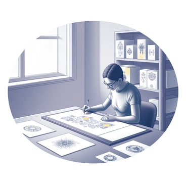 A designer is seated at a drafting table, intently focused on sketching new packaging designs. The table is cluttered with sheets of paper showcasing various design concepts, some features elaborate patterns while others display minimalist styles. In the background, there is a shelf filled with old product labels, which the designer aims to replace. The designer's hand is poised with a pencil, capturing intricate details of a vibrant design on paper. Sunlight streams in through a nearby window, illuminating the workspace. The scene conveys a sense of creativity and attention to detail as the designer works to innovate the product presentation.