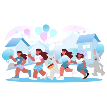 A group of children is marching down a neighborhood street, showcasing their pets adorned in colorful and whimsical costumes. Each child is wearing a playful outfit, with one child dressed as a superhero, another as a princess, and a third in a pirate costume. The pets, including a small dog dressed as a hot dog, a cat in a butterfly outfit, and a rabbit wearing a little wizard hat, are all happily accompanying their young owners. Bright balloons float above them, and houses in the background are decorated with cheerful banners.