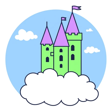 A whimsical castle is perched atop a fluffy cloud in a bright blue sky. The castle has tall, narrow towers with pointed roofs, each topped with banners fluttering gently. Its walls are adorned with intricate details, featuring turrets and arched windows. Surrounding the cloud, there are soft, white wisps that give the impression of a serene atmosphere. In the distance, a few more clouds float peacefully, enhancing the ethereal scene.