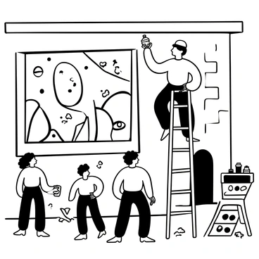 A street artist wearing a beret is standing on a ladder, painting a large mural on a textured brick wall. The artist is holding a paintbrush and is focused on the mural, which features abstract shapes and intricate designs. Nearby, a palette of various paint containers is placed on the ground, and paint splatters are visible on the floor around the base of the ladder. Sunlight casts shadows of the artist and ladder onto the wall, while a small crowd of onlookers watches the process from a distance.