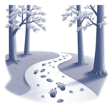 Footprints visible on a winding path. The path is bordered by a rich layer of fallen leaves in various shapes, indicating the onset of autumn. Tall trees are present on either side, their trunks sturdy and bark detailed. The leaves on the trees are depicted in varying states of fall, showcasing intricate textures and patterns. The overall scene captures a moment of quietness along the path, framed by the beauty of the changing season.