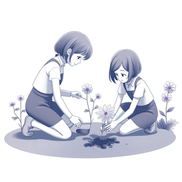 Two young girls, Kaede and Suzu, are kneeling on the ground, carefully planting flowers in a garden. Kaede is holding a small shovel, digging into the earth with focus. Suzu is placing a vibrant flower into the freshly turned soil, a look of concentration on her face. They are surrounded by a variety of blooming plants, with different shapes and textures filling the garden space. The scene is lively and filled with the energy of their activity, highlighting the connection between the girls and nature.