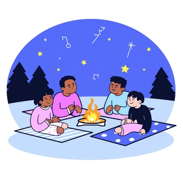 A group of three people lying on colorful blankets around a circular fire pit. The fire pit has glowing embers, casting a warm orange light. Each person is looking up at the night sky, where several constellations are clearly visible among a backdrop of deep blue. The blankets are patterned with stripes and polka dots, adding to the cozy atmosphere. Some trees are silhouetted in the background against the starry sky.