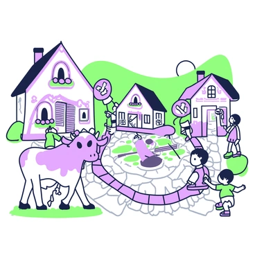 A charming storybook village scene is depicted, featuring quaint cottages with thatched roofs and colorful flower boxes under the windows. The cobblestone path leads to the center of the village where a fountain is situated, surrounded by villagers engaging in daily activities. In the foreground, a two-headed calf with gentle eyes is playfully interacting with children who are petting it joyfully. The calf stands on a patch of grass, with its unique features drawing the attention of the villagers nearby. In the background, green hills rise gently, complementing the idyllic village atmosphere.