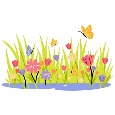 A sunny day in a vibrant wetland filled with colorful flowers of various hues, including reds, yellows, and purples. Among the flowers, several butterflies with intricate wing patterns are flitting gracefully. The butterflies showcase a mix of colors, such as orange, blue, and yellow, as they move from blossom to blossom. The wetland is lush, with tall green grasses swaying gently in the breeze, creating a lively and animated scene.