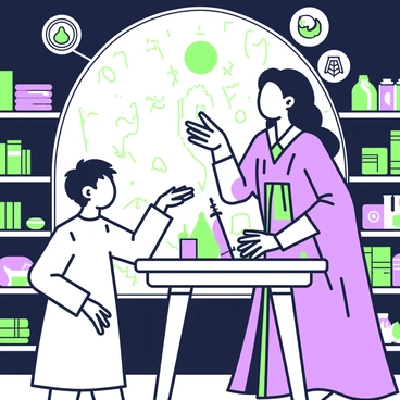 A young apprentice with tousled hair stands attentively in a dimly lit room, surrounded by shelves filled with ancient tomes and glass vials. The apprentice is wearing a simple robe, looking up in awe at an experienced sorcière with long, flowing hair and a deep, flowing robe. The sorcière is demonstrating a spell, with her hands glowing as she gestures towards a floating orb of light above a wooden table. Various magical artifacts, such as an ornate dagger and a crystal ball, are placed on the table, all while mystical symbols are faintly etched into the stone walls around them.