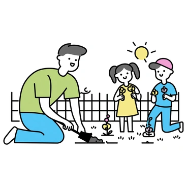 A father wearing a green t-shirt and blue jeans is kneeling in a backyard garden, digging holes in the soil with a small spade. Two young children, a girl with pigtails wearing a yellow dress and a boy with a red cap and a blue shirt, are excitedly holding colorful flower seedlings. The garden is surrounded by a wooden fence, with patches of grass visible on the ground. The sun is shining brightly, casting soft shadows as they work together to plant the flowers.