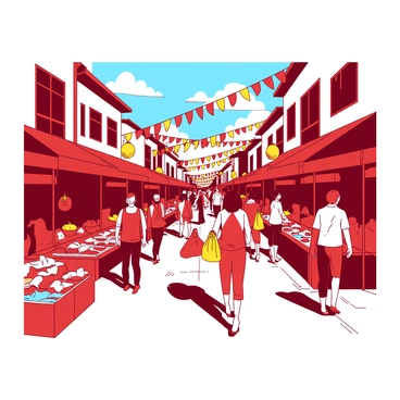 A red street festival is filled with people enjoying the lively atmosphere. Colorful banners in yellow and red hang overhead, fluttering in the breeze. Various stalls are set up along the street, each adorned with vibrant displays of goods. People are seen browsing the stalls, some holding bright yellow bags filled with purchases. In the background, a blue sky peeks through the lively scene, adding to the festive mood.